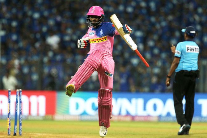 Rajasthan Royals' Shreyas Gopal celebrates after hitting the winning runs