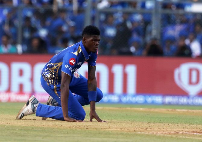 Mumbai Indians' Alzarri Joseph injured himself during the match against Rajasthan Royals on Saturday