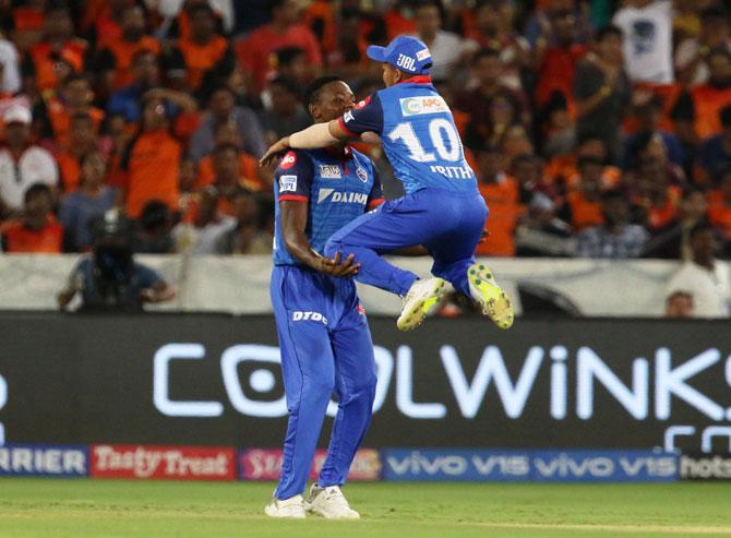  Kagiso Rabada celebrates With Prithvi Shaw after taking the catch to dismiss Sunrisers Hyderabad's captain Kane Williamson