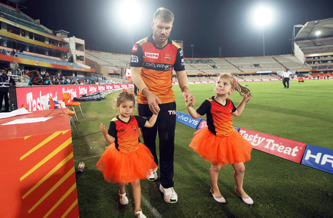 David Warner's daughters Ivy Mae and Indi Rae watched their dad from the stands before they joined their dad for the presentation ceremony after the IPL match against Rajasthan Royals on Sunday