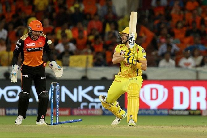 Chennai Super Kings opener Shane Watson finds his stumps shattered by Shahbaz Nadeem