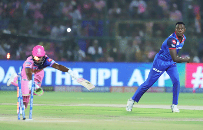 Rajasthan Royals' Sanju Samson is run-out by Delhi Capitals' Kagiso Rabada