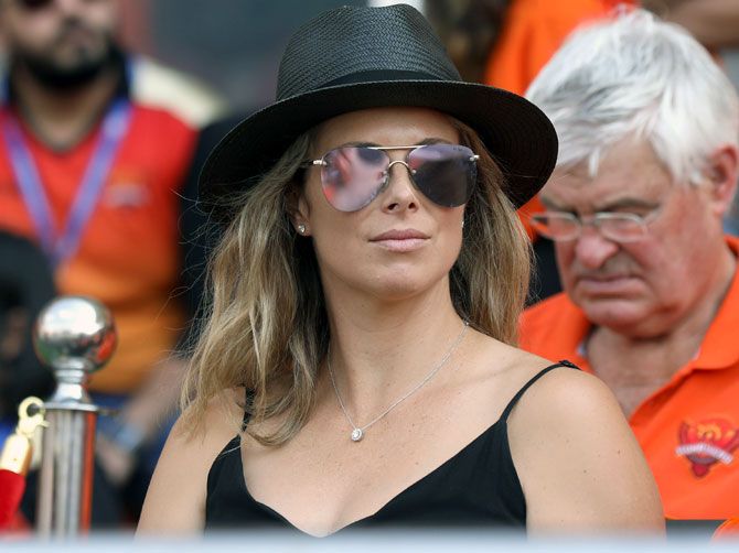 David Warner's wife Candice watches the Indian Premier League match between Sunrisers Hyderabad and Kolkata Knight Riders in Hyderabad on Sunday