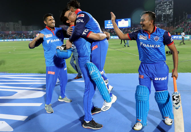 IMAGE: Sourav Ganguly hugs Rishabh Pant after his unbeaten half-century steered Delhi Capitals to a six-wicket win over Rajasthan Royals. Photograph: Kind courtesy BCCI