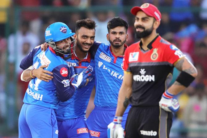 Delhi Capitals' Axar Patel celebrates after dismissing Royal Challengers Bangalore captain Virat Kohli