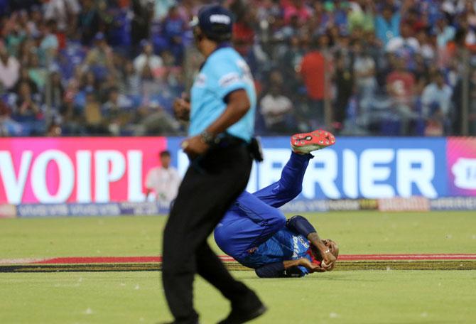 Delhi Capitals' Shikhar Dhawan takes the catch to dismiss Royal Challengers Bangalore's Shivam Dube 