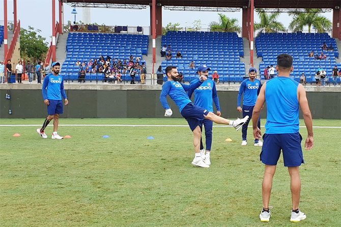 India captain Virat Kohli and teammates at a practice session in Launderhill, Florida, on Friday 