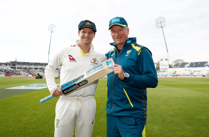 Australia's Steve Smith and Australian team mentor and former captain Steve Waugh pose at stumps after Smith scored his second century in the opening Ashes Test against England on day four at Edgbaston in Birmingham, England, on Sunday. Steve Smith is the first Australian to score two centuries in the same Test in England since Steve Waugh in 1997