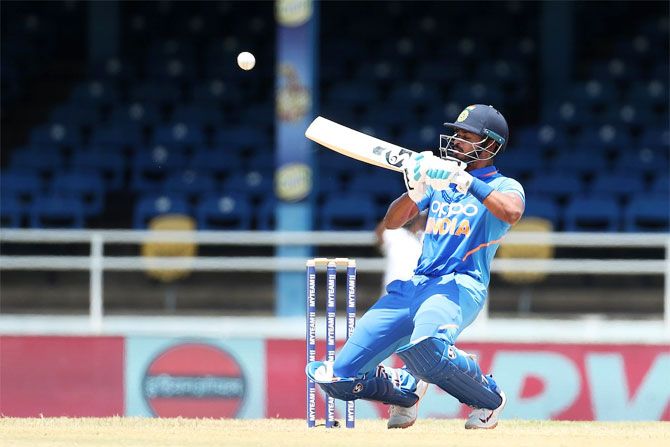Shreyas Iyer plays an upper cut during his innings of 71