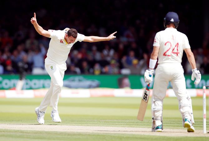 Australia's Josh Hazlewood celebrates taking the wicket of England's Joe Denly