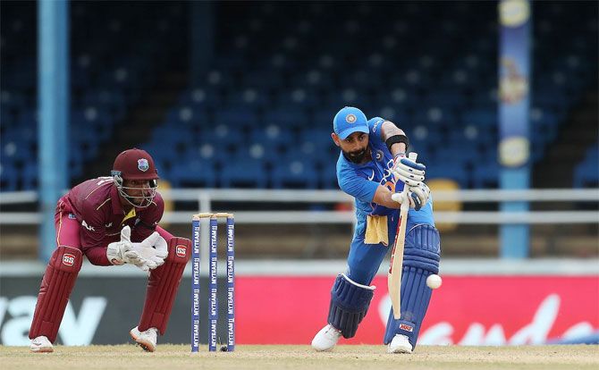 Virat Kohli bats during his innings of 114 against West Indies in the 3rd ODI in Port of Spain on Wednesday