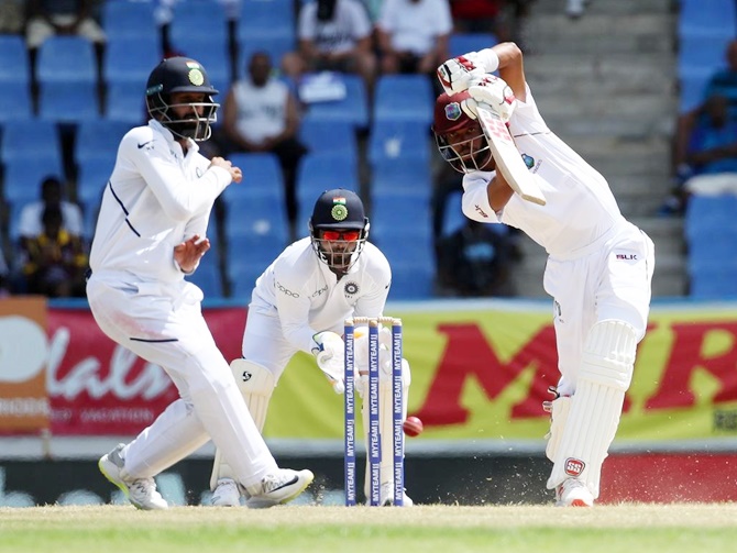 Royston Chase bats during Day 2 of the first Test against India