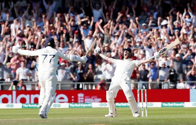 Ben Stokes celebrates after hitting the winning runs