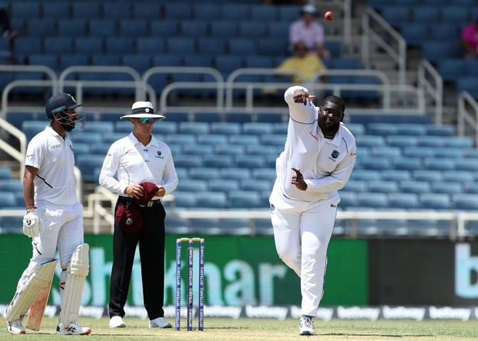 West Indies all-rounder Rahkeem Cornwall bowls on Day 1 of the second Test against the West Indies, in Jamaica