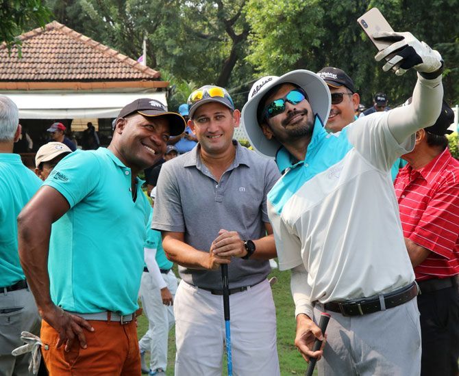 Former India all-rounder Ajit Agarkar (centre) alongside former India pacer RP Singh and Brian Lara at a promotional event in Mumbai on Friday