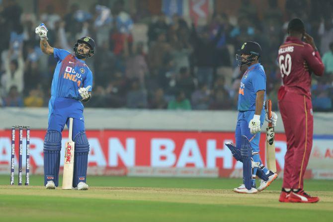 Virat Kohli teases Kesrick Williams during the first T20I match between India and the West Indies at the Rajiv Gandhi International Stadium in Hyderabad on Friday