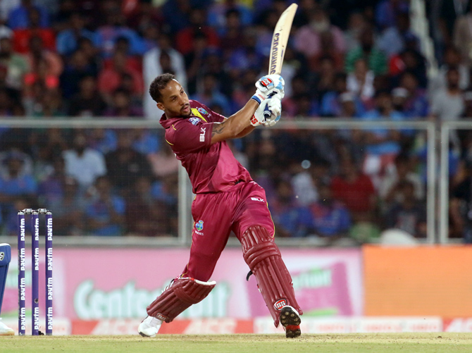 Windies opener Lendl Simmons struck a whirlwind 67 no off 45 balls