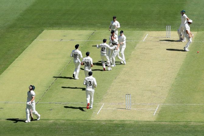 New Zealand's Neil Wagner celebrates after taking a catch off his own bowling to dismiss Australia's David Warner