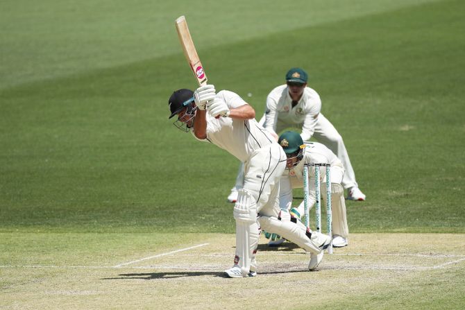 New Zealand's Colin de Grandhomme plays a drive en route his attacking innings of 23.