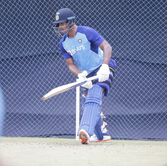 Mayank Agarwal bats in the nets at a practice session on Friday