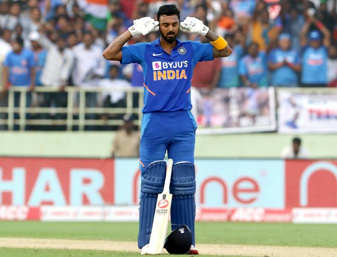 KL Rahul celebrates on reaching his century 