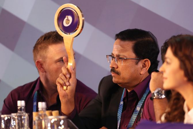 Kolkata Knight Riders CEO, Venky Mysore makes a bid during the Vivo Indian Premier League (IPL) Player Auction ahead of the 2020 season in Kolkata on Thursday