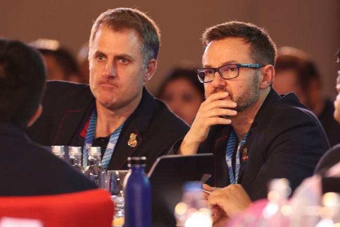 Simon Katich and Mike Hesson during the Indian Premier League (IPL) Player Auction ahead of the 2020 season held in Kolkata on Thursday