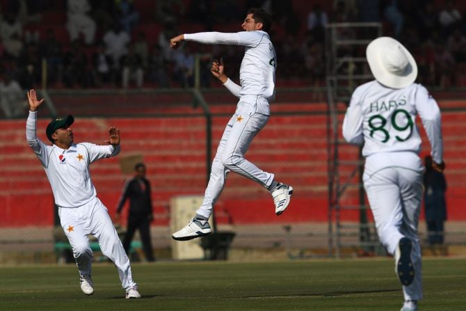 Pakistan's Shaheen Shah Afridi celebrates after picking five wickets on Day 2 of the 2nd Test against Sri Lanka in Karachi on Friday