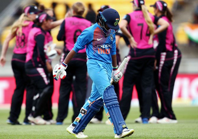 Dayalan Hemalatha of India leaves the field after being dismissed during the first T20I against New Zealand on Wednesday