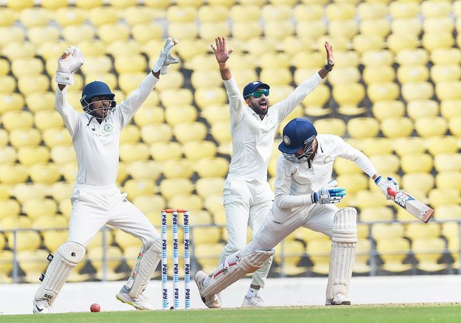 Vidarbha off-spinner Akshay Wakhare appeals for a LBW decision against Saurashtra batsman Prerak Mankad on the final day of the Ranji Trophy match, in Nagpur on Thursday