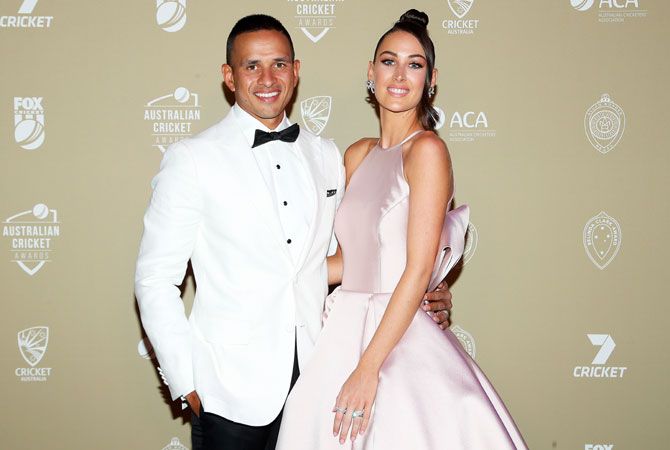 Usman Khawaja and wife Rachel attend the 2019 Australian Cricket Awards
