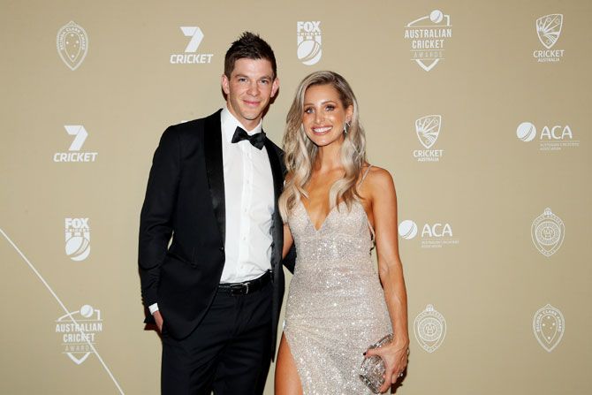 Australia Test captain Tim Paine and wife Bonnie are all smiles at the Australian Cricket Awards