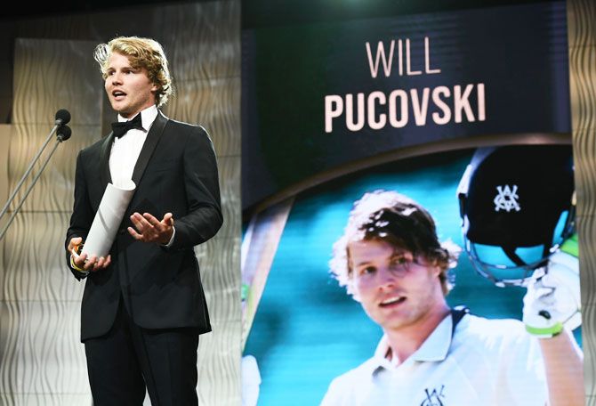 Will Pucovski speaks on stage after being awarded the Bradman Young Cricketer of the Year