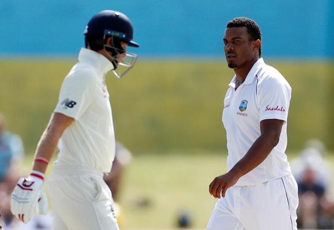 West Indies bowler Shannon Gabriel exchanges words with England's Joe Root on Day 3 of the 3rd Test at Darren Sammy Cricket Ground in Gros Islet, Saint Lucia, on Tuesday, February 12. Gabriel was subsequently charged and banned for what was a homophobic comment