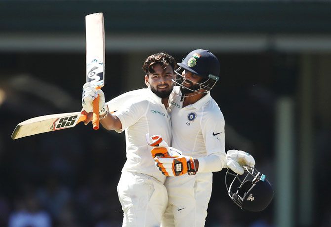 Rishabh Pant is congratulated by Ravindra Jadeja after reaching his century. Pant became the first Indian wicket-keeper to score a ton in Australia
