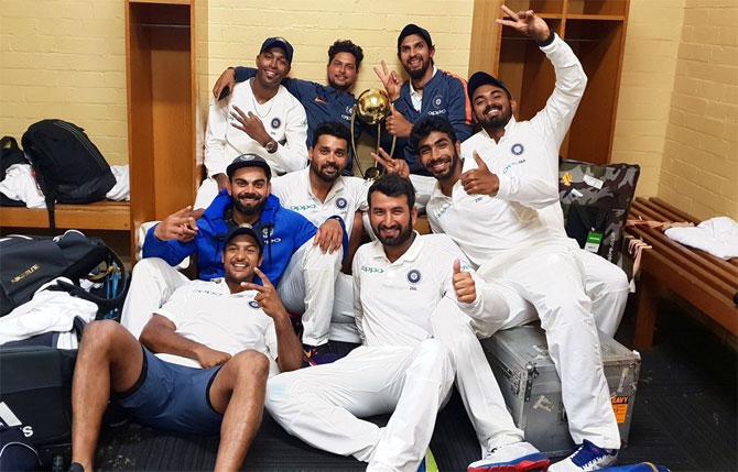 Indian's players celebrate after winning the Test series against Australia, in Sydney, in January.