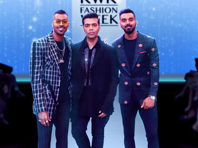 Hardik Pandya with teammate KL Rahul (right) and talk show host Karan Johar