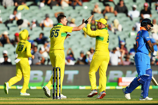 Jason Behrendorff celebrates after the wicket of Shikhar Dhawan