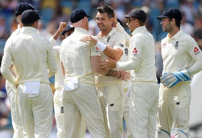 Anderson celebrates after completing his 27th five-for in Test cricket