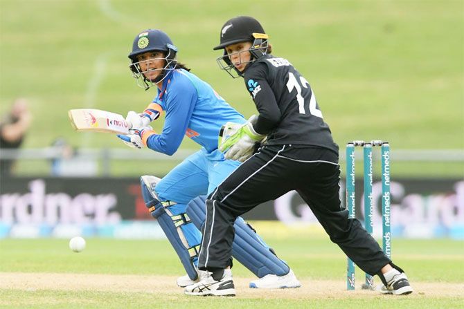 India's Smriti Mandhana bats en route an impressive 105 against New Zealand in their first ODI in Napier on Thursday