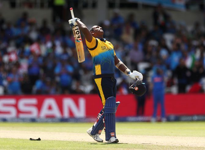 Sri Lanka's Angelo Mathews celebrates on reaching his century