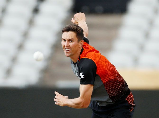 Trent Boult fires one in during training
