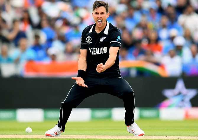 Trent Boult celebrates Virat Kohli's wicket in the first semi-final. Photograph: David Rogers/Getty Images