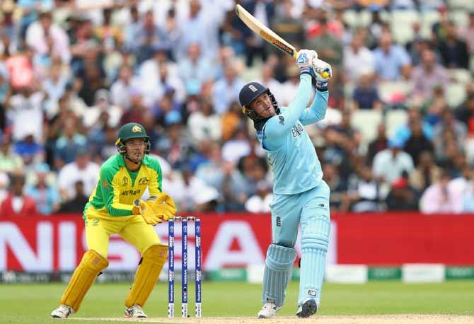 England's Jason Roy hits a six off the bowling of Australia's Steve Smith