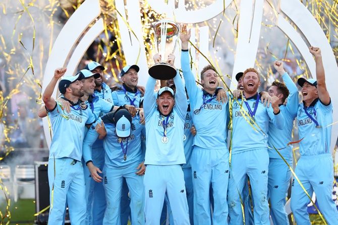 England's players celebrate after clinching victory in the Super Over of the World Cup final at Lord's on Sunday.