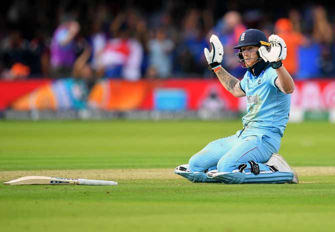 Ben Stokes reacts after diving to make his crease as the throw from the deep ricocheted off the all-rounder’s bat and flew to the boundary for a total of six overthrows