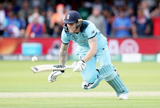 The ball deflects off Ben Stokes's bat, following a throw by Martin Guptill, before rolling to the boundary during the World Cup final