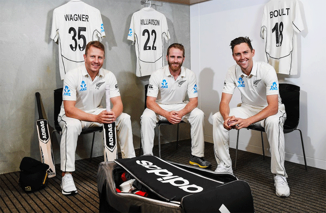 New Zealand players Neil Wagner, Kane Williamson and Trent Boult at a team photocall on Monday before their tour to Sri Lanka