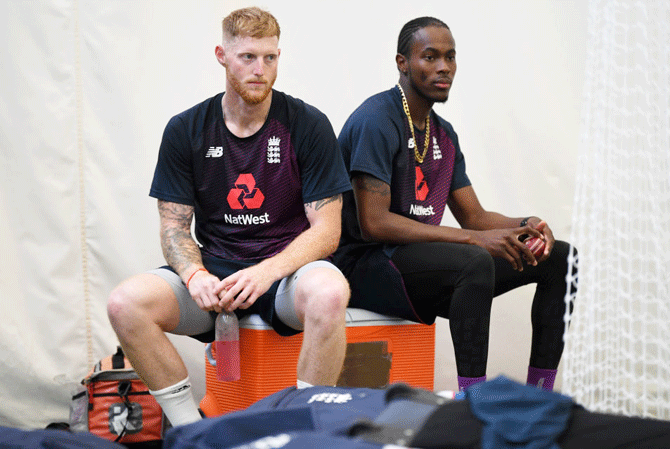 England's Ben Stokes and Jofra Archer during a nets session at Edgbaston in Birmingham, on Tuesday