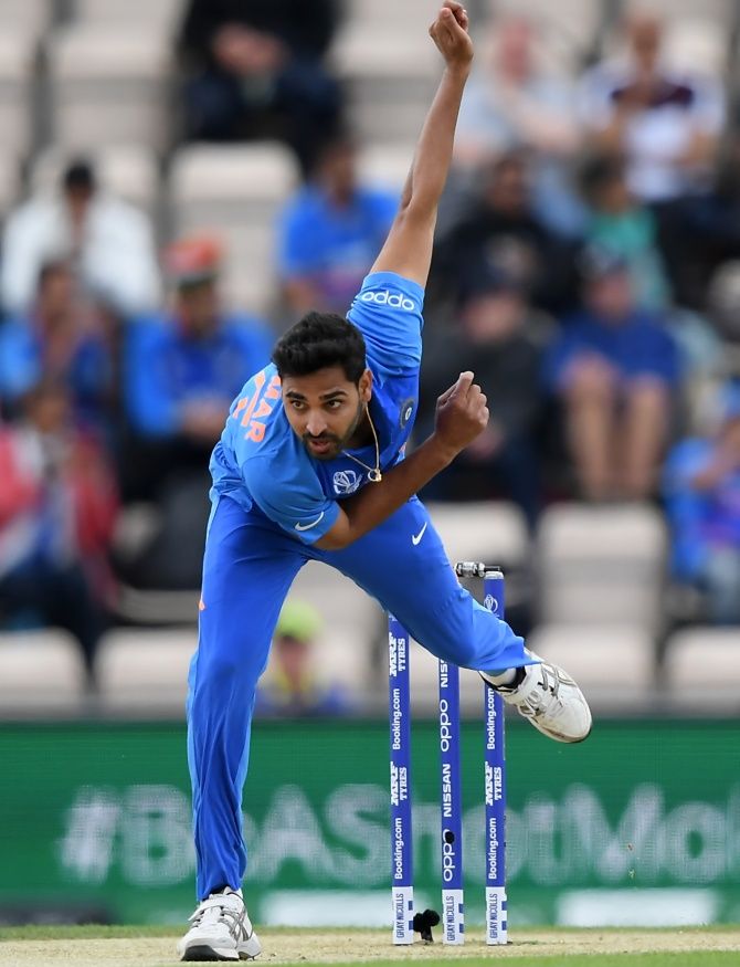 Bhuvneshwar Kumar bowls during India's game against South Africa at The Hampshire Bowl on June 5, 2019
